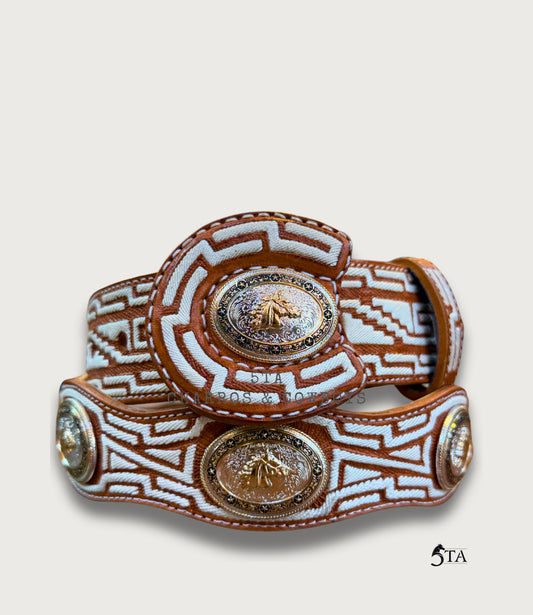Cinto Piteado Original Media greca Azteca y Concho Metálico
