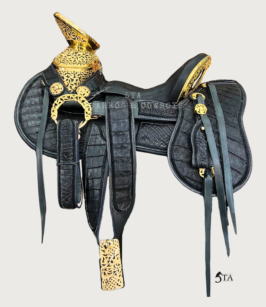 Montura Charra Piel de Cocodrilo Herraje Chapado en Oro 24 KL