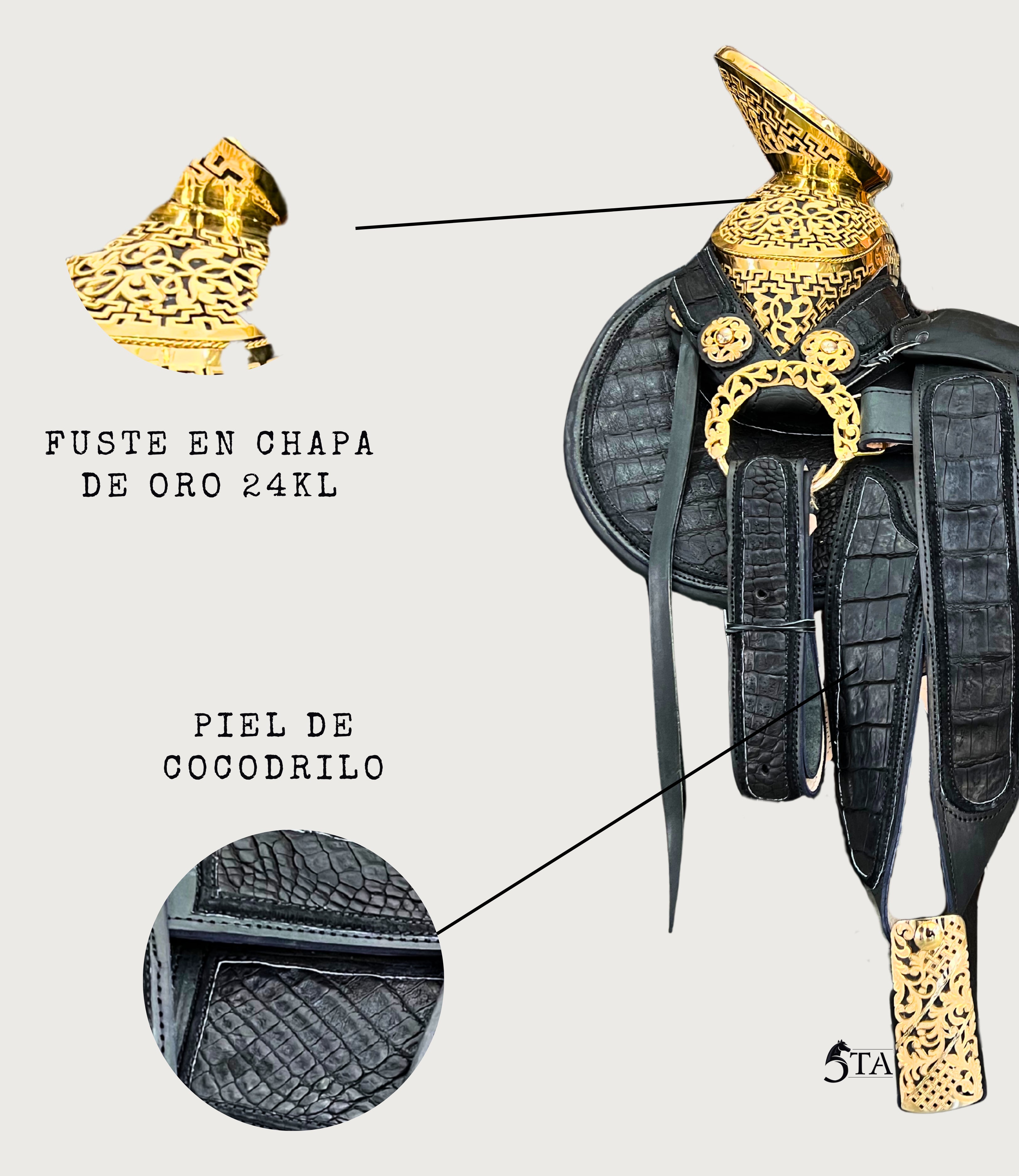 Montura Charra Piel de Cocodrilo Herraje Chapado en Oro 24 KL